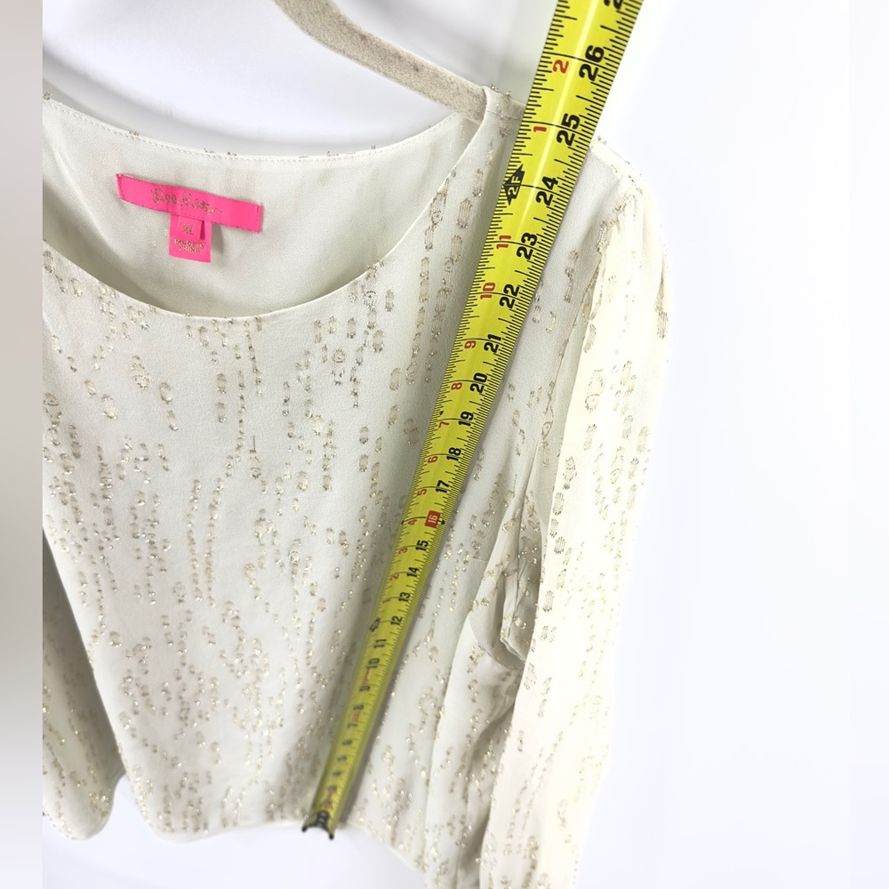 Lilly Pulitzer Idina Long Sleeve Silk Top Womens Sz XL Metallic Luxury Old Money - Picture 11 of 12